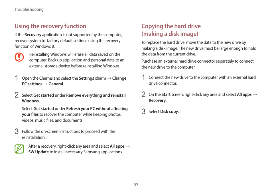 Copying the hard drive (making a disk image), Using the recovery function | Samsung NP940X3G-K03US User Manual | Page 92 / 147