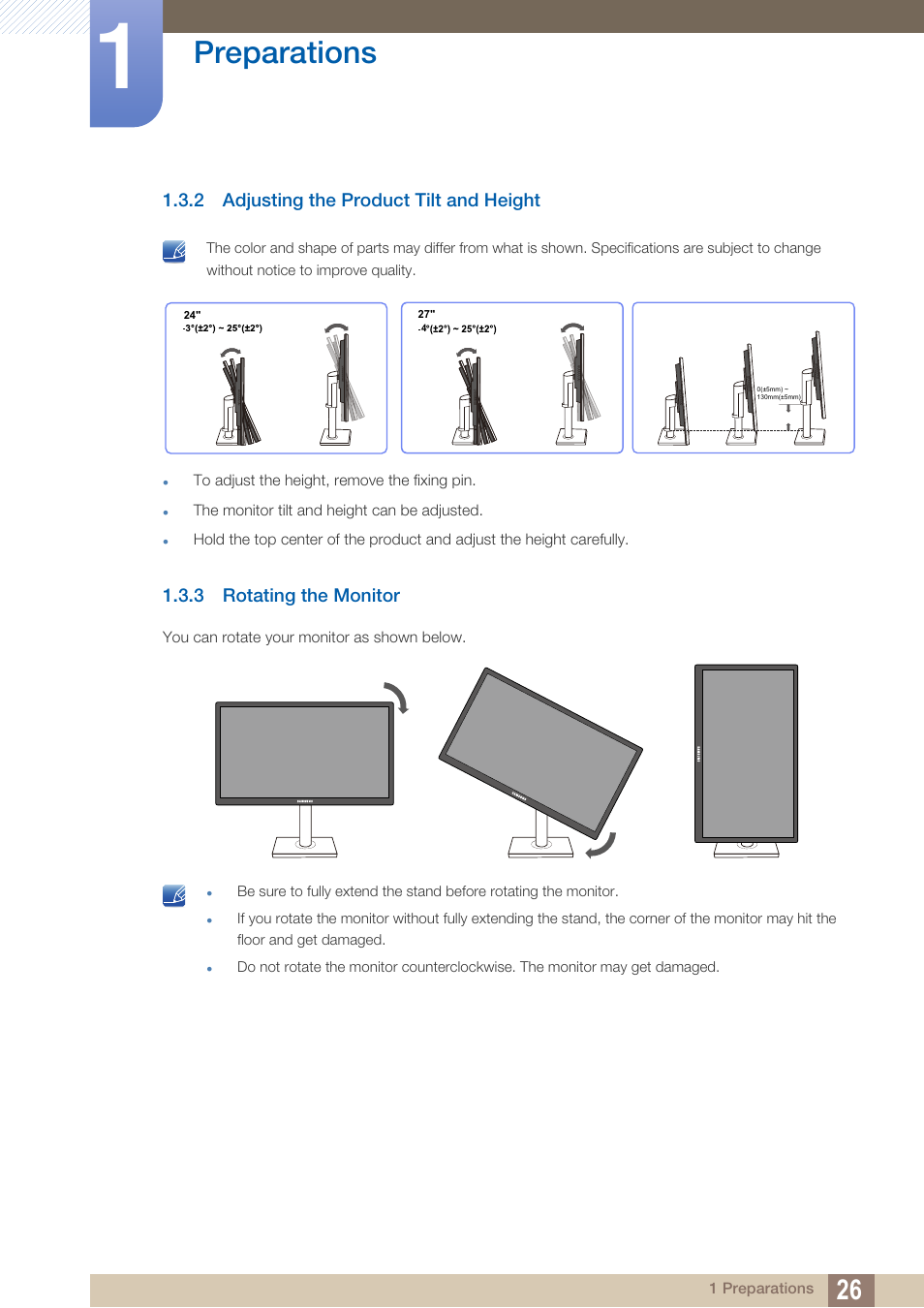 2 adjusting the product tilt and height, 3 rotating the monitor, Adjusting the product tilt and height | Rotating the monitor, Preparations | Samsung LS27C45KDSV-ZA User Manual | Page 26 / 96