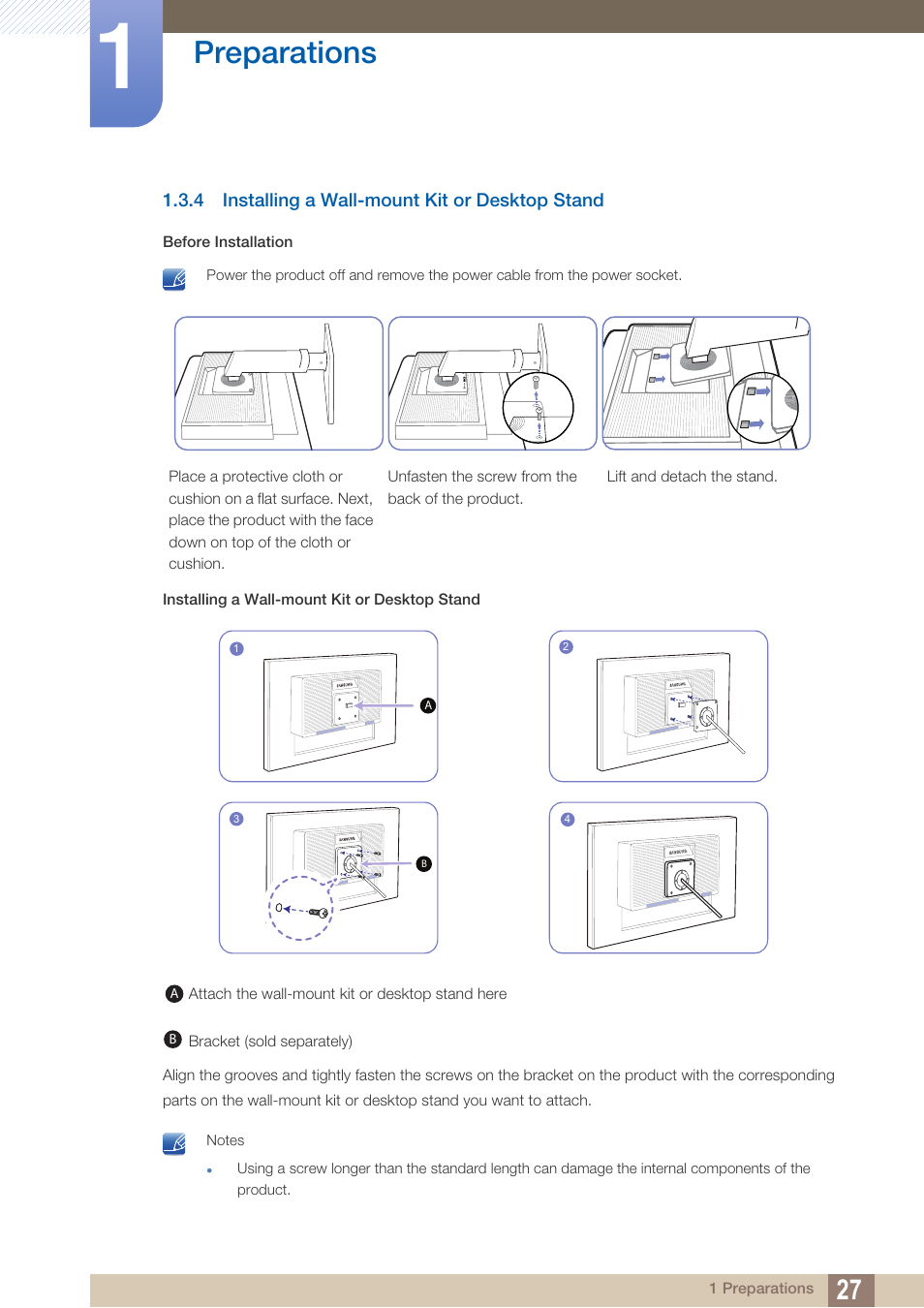 4 installing a wall-mount kit or desktop stand, Installing a wall-mount kit or desktop stand, Preparations | Samsung LS27C45KDSV-ZA User Manual | Page 27 / 96