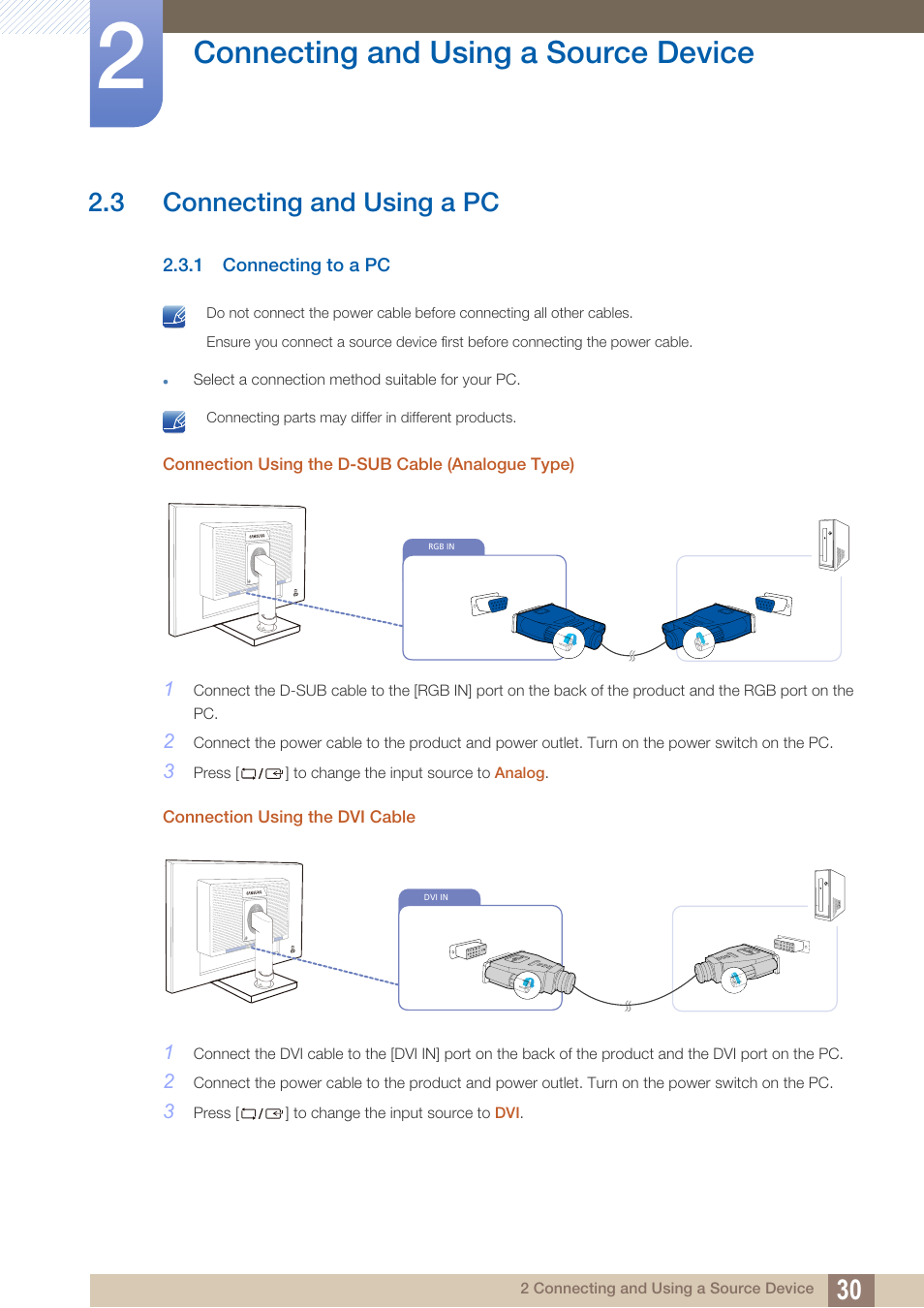 3 connecting and using a pc, 1 connecting to a pc, Connecting and using a pc | Connecting to a pc, Connecting and using a source device | Samsung LS27C45KDSV-ZA User Manual | Page 30 / 96