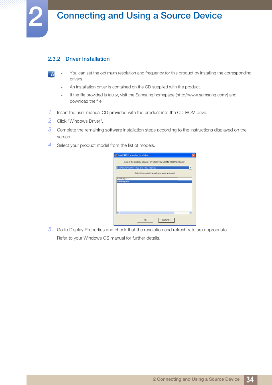 2 driver installation, Driver installation, Connecting and using a source device | Samsung LS27C45KDSV-ZA User Manual | Page 34 / 96