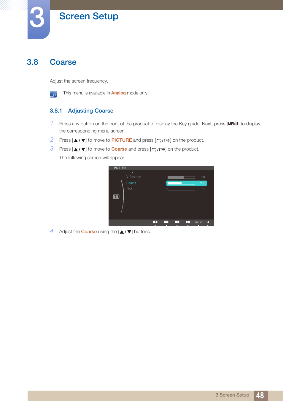 8 coarse, 1 adjusting coarse, Coarse | Adjusting coarse, Screen setup | Samsung LS27C45KDSV-ZA User Manual | Page 48 / 96