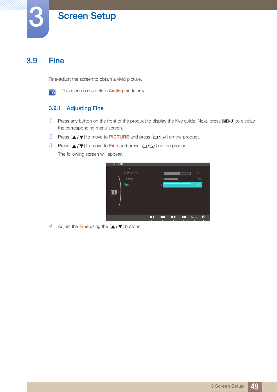 9 fine, 1 adjusting fine, Fine | Adjusting fine, Screen setup | Samsung LS27C45KDSV-ZA User Manual | Page 49 / 96