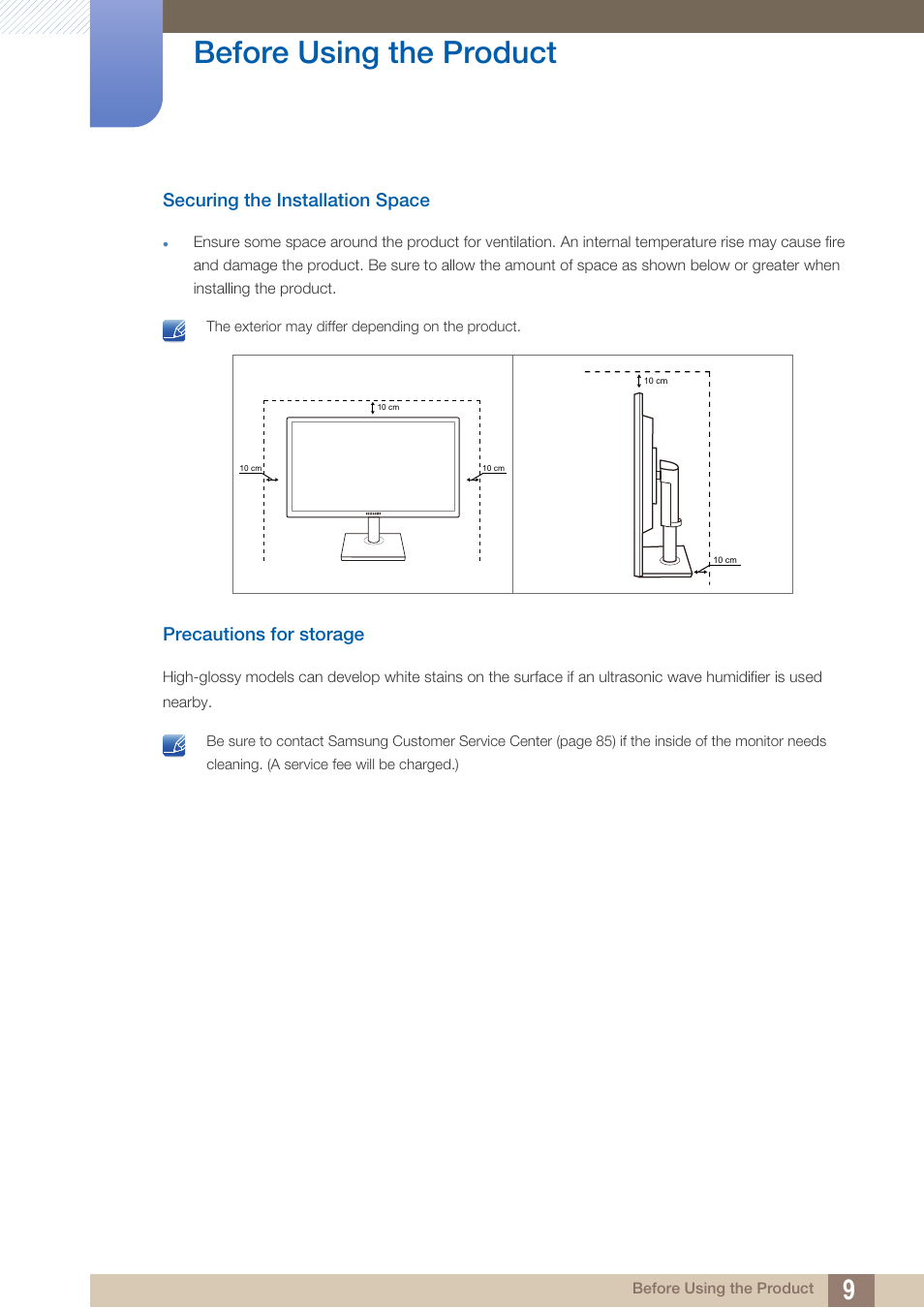 Securing the installation space, Precautions for storage, Before using the product | Samsung LS27C45KDSV-ZA User Manual | Page 9 / 96