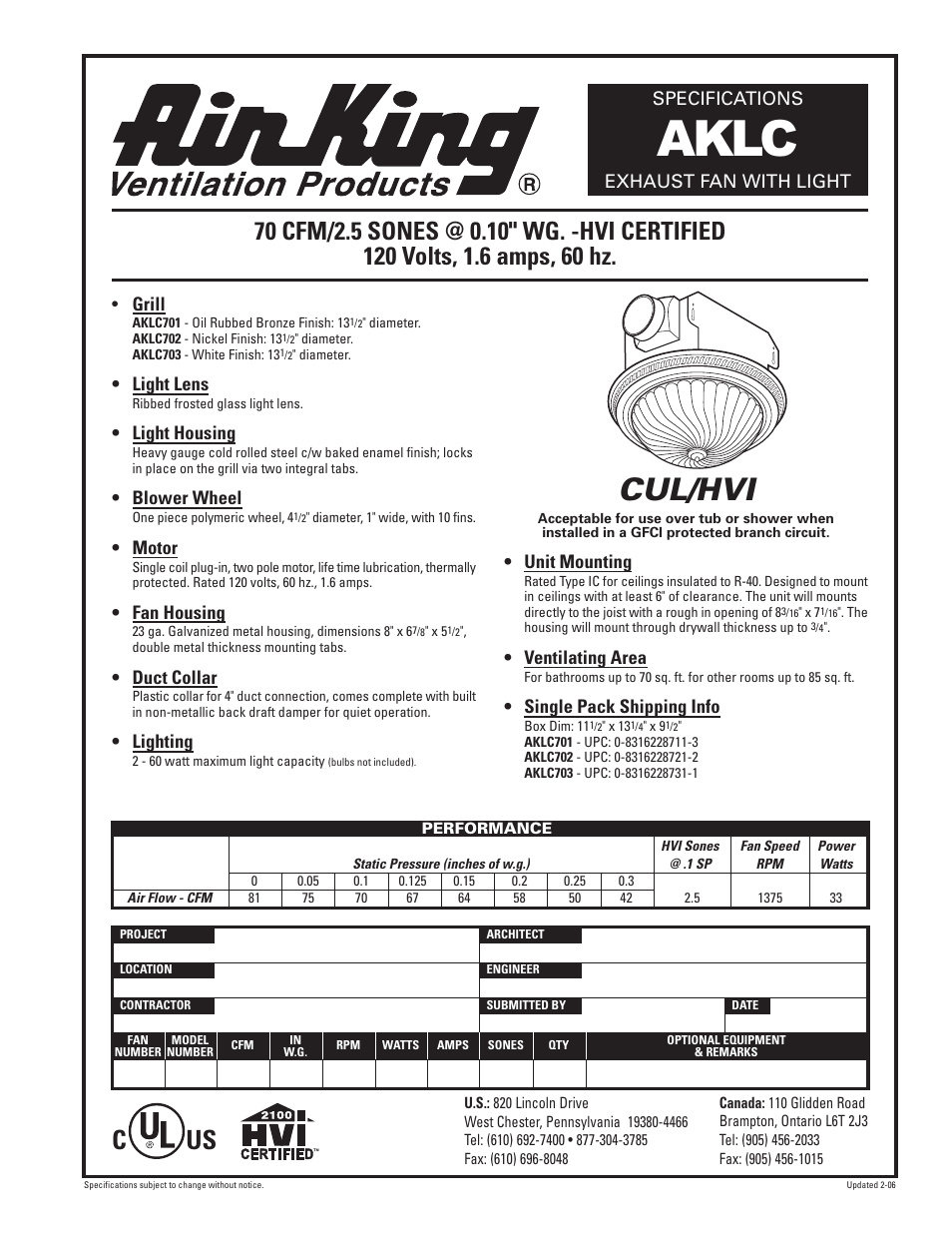 Air King EXHAUST FAN WITH LIGHT AKLC User Manual | 1 page