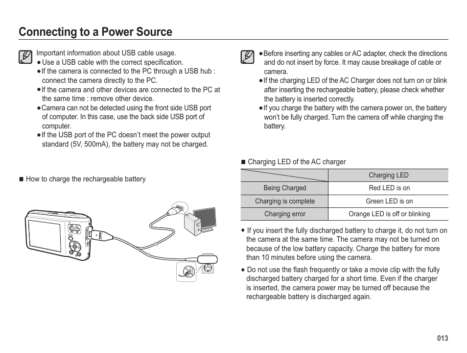 Connecting to a power source | Samsung EC-SL50ZZBPSUS User Manual | Page 14 / 98