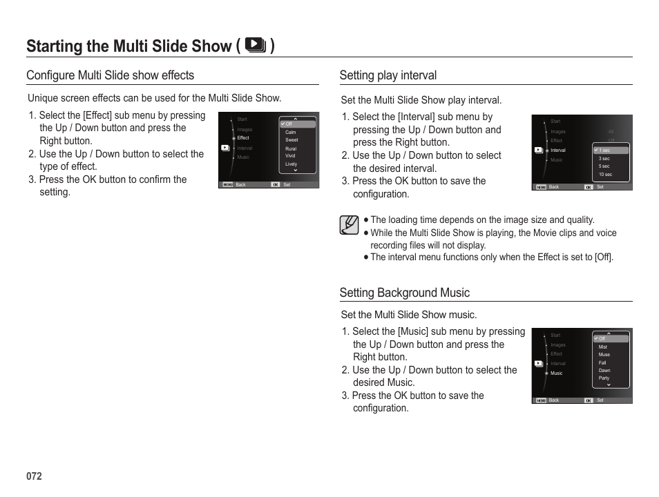 Starting the multi slide show ( ), Configure multi slide show effects, Setting background music setting play interval | Samsung EC-SL50ZZBPSUS User Manual | Page 73 / 98