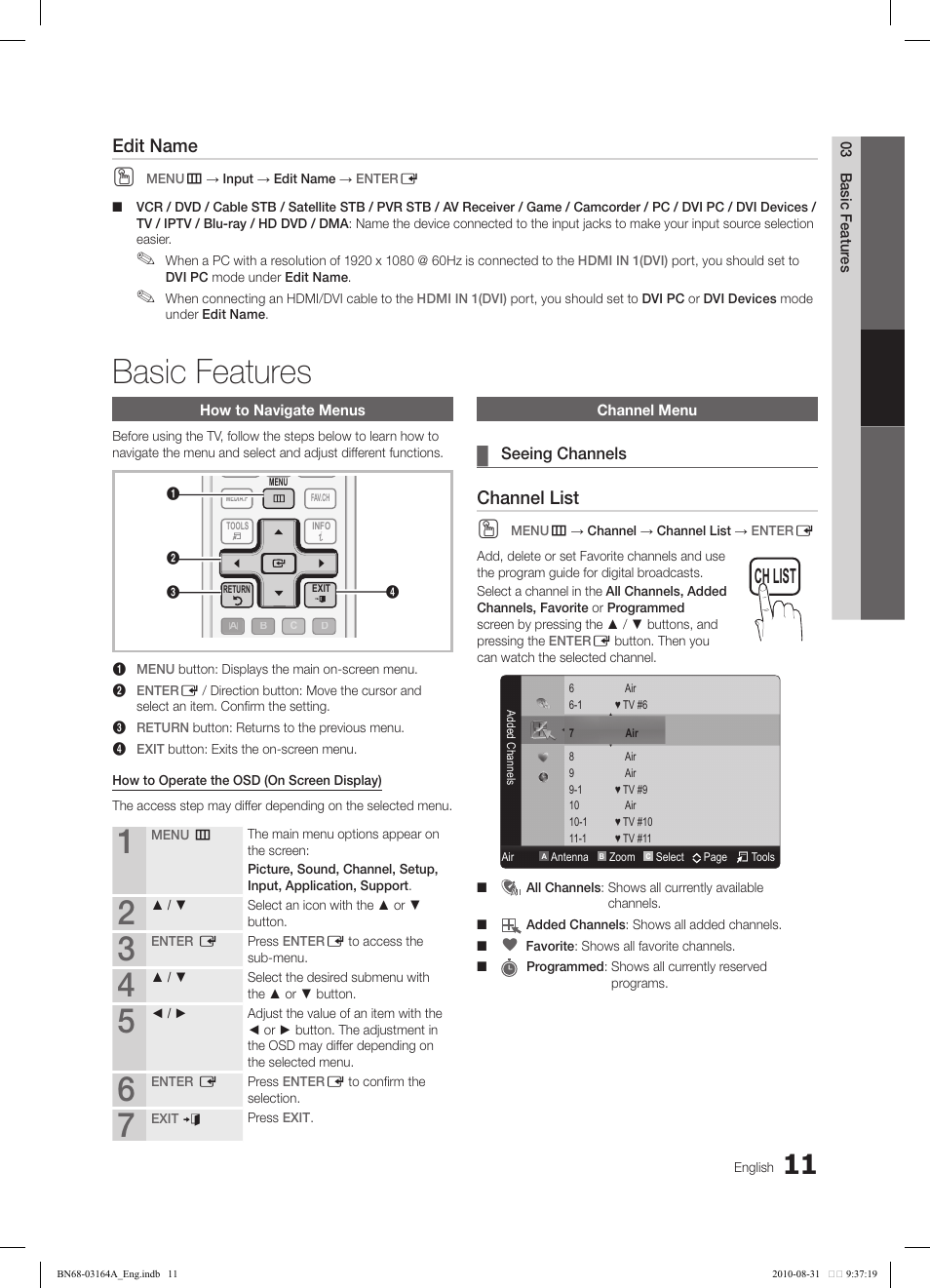 Basic features, Channel list, Edit name | Samsung LN55C630K1FXZA User Manual | Page 11 / 52