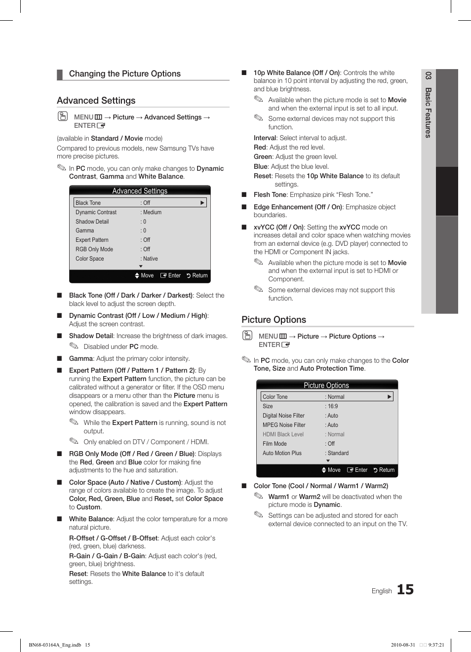 Advanced settings, Picture options | Samsung LN55C630K1FXZA User Manual | Page 15 / 52