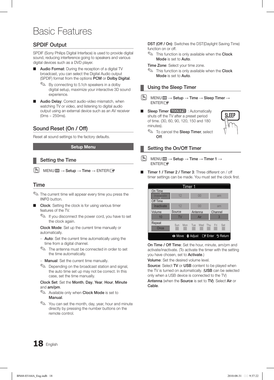 Basic features, Spdif output, Sound reset (on / off) | Time | Samsung LN55C630K1FXZA User Manual | Page 18 / 52