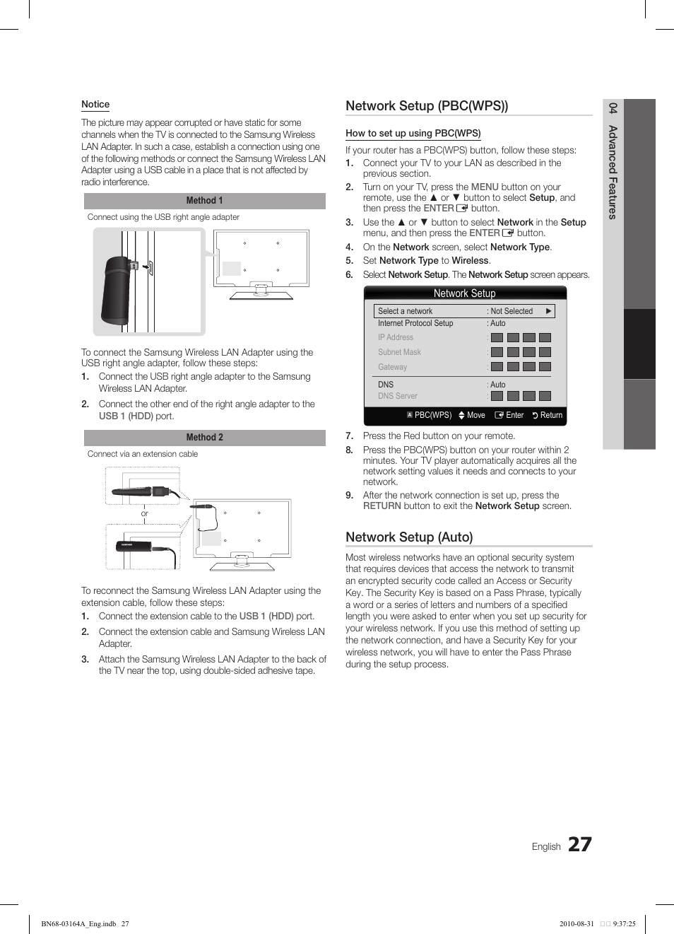 Network setup (pbc(wps)), Network setup (auto) | Samsung LN55C630K1FXZA User Manual | Page 27 / 52