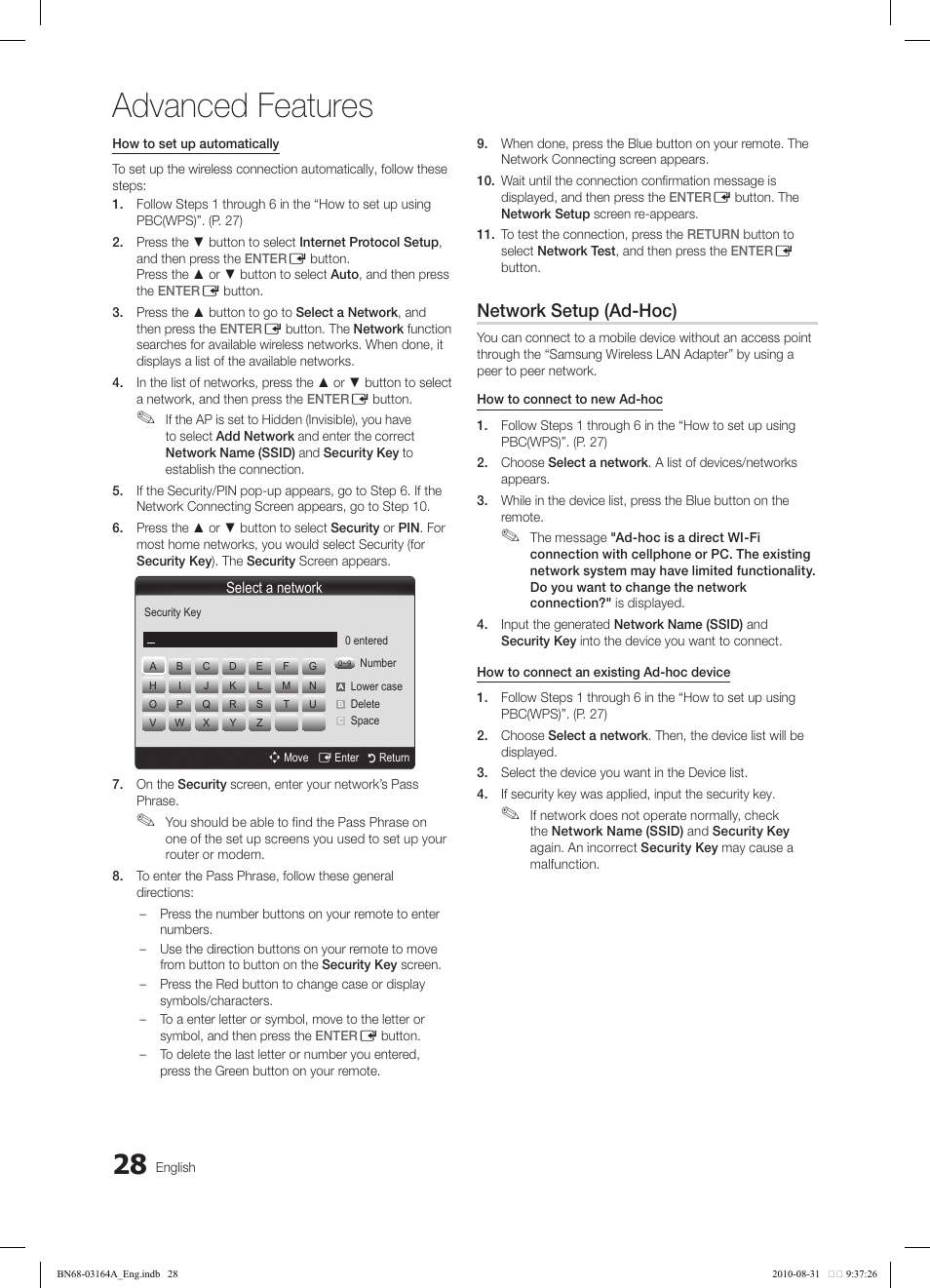 Advanced features, Network setup (ad-hoc) | Samsung LN55C630K1FXZA User Manual | Page 28 / 52