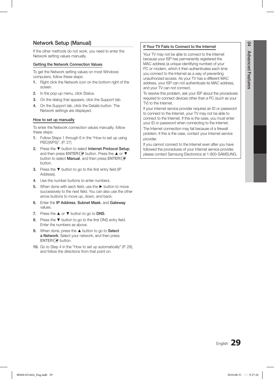 Network setup (manual) | Samsung LN55C630K1FXZA User Manual | Page 29 / 52