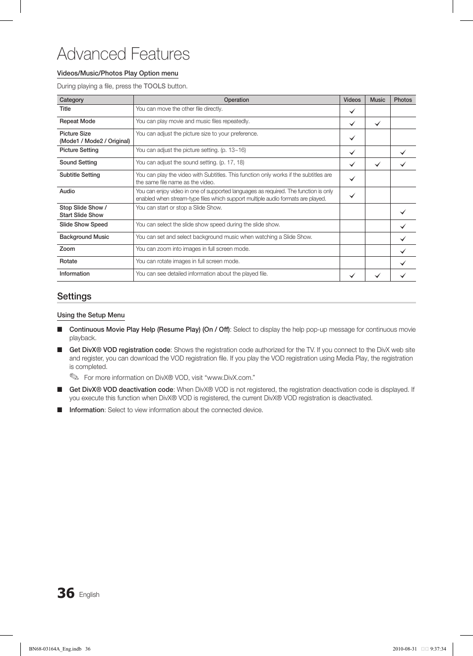 Advanced features, Settings | Samsung LN55C630K1FXZA User Manual | Page 36 / 52