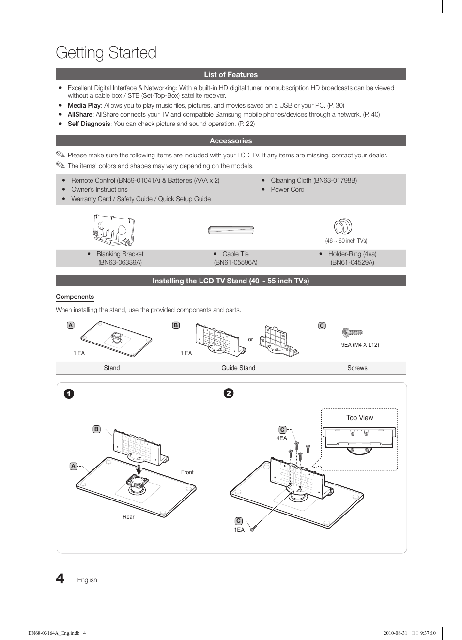 Getting started | Samsung LN55C630K1FXZA User Manual | Page 4 / 52