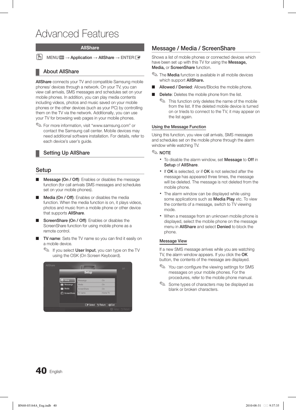 Advanced features, Setup, Message / media / screenshare | Samsung LN55C630K1FXZA User Manual | Page 40 / 52