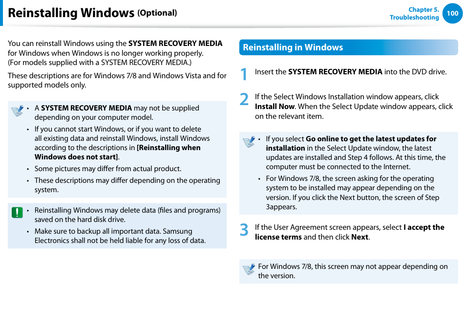 Reinstalling windows (optional), Reinstalling windows | Samsung DP500A2D-K01UB User Manual | Page 101 / 136