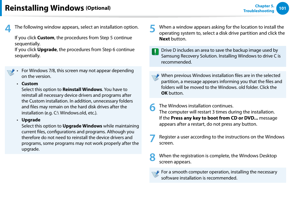 Reinstalling windows | Samsung DP500A2D-K01UB User Manual | Page 102 / 136