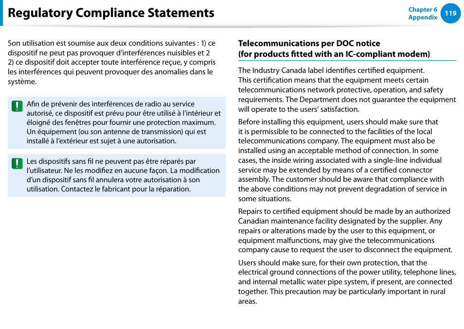 Regulatory compliance statements | Samsung DP500A2D-K01UB User Manual | Page 120 / 136