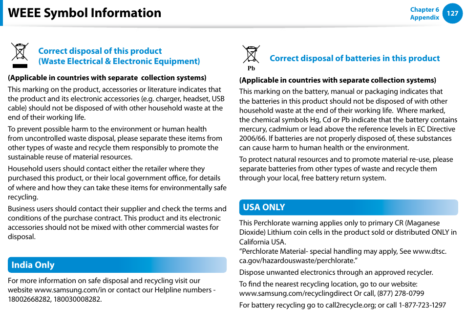 Weee symbol information, India only, Usa only | Samsung DP500A2D-K01UB User Manual | Page 128 / 136