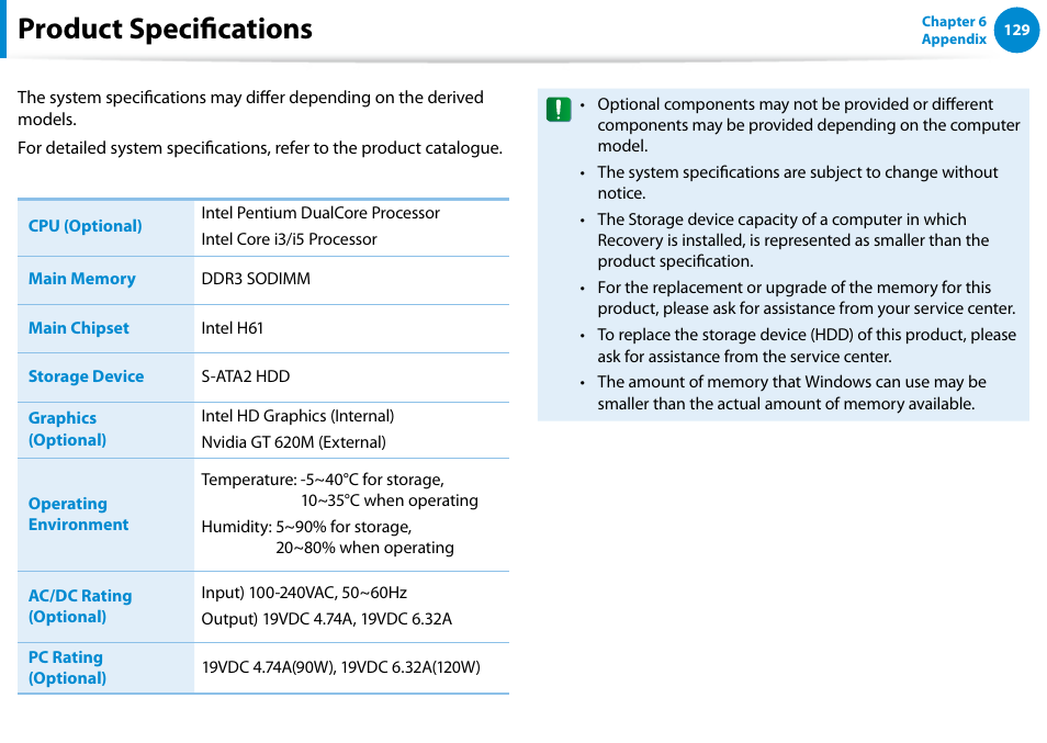 Product specifications | Samsung DP500A2D-K01UB User Manual | Page 130 / 136