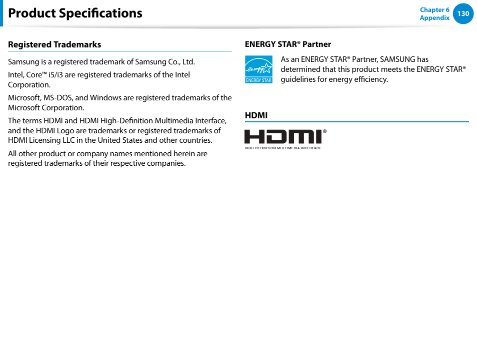 Product specifications | Samsung DP500A2D-K01UB User Manual | Page 131 / 136