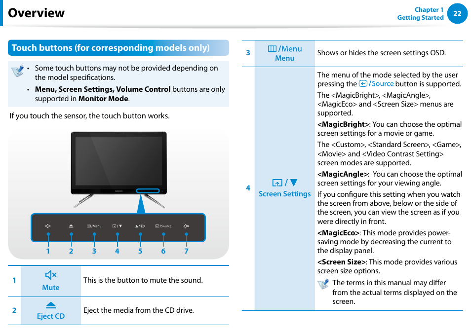 Overview, Touch buttons (for corresponding models only) | Samsung DP500A2D-K01UB User Manual | Page 23 / 136