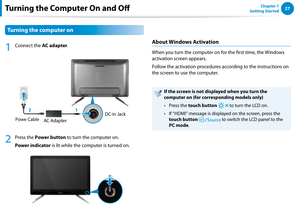 Turning the computer on and off | Samsung DP500A2D-K01UB User Manual | Page 28 / 136