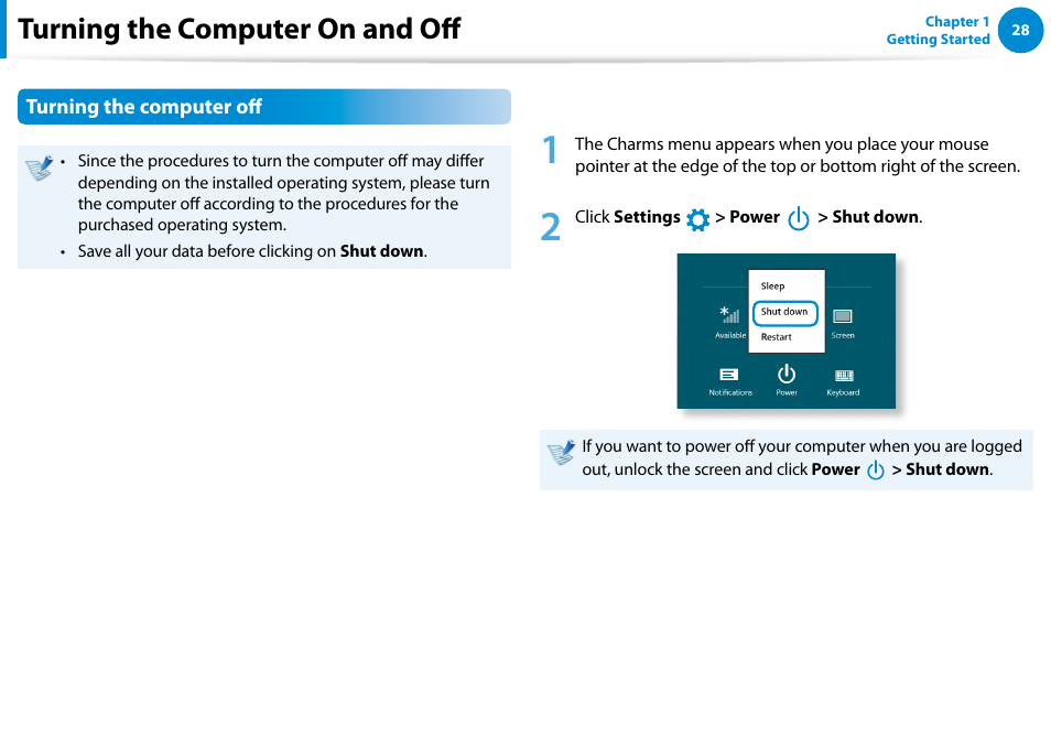 Turning the computer on and off, Turning the computer off | Samsung DP500A2D-K01UB User Manual | Page 29 / 136