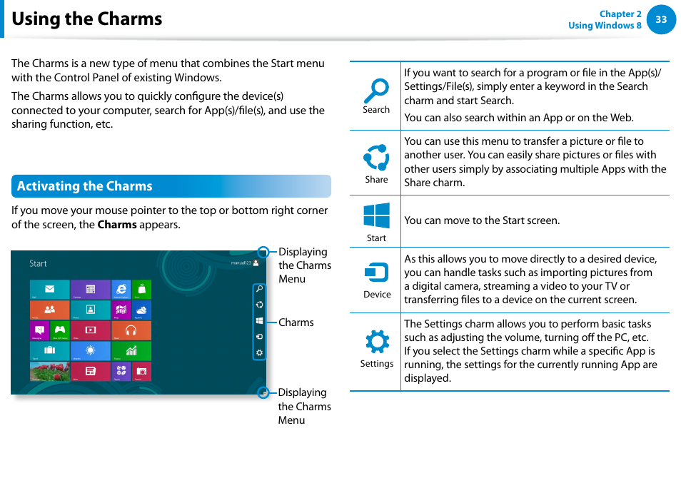 Using the charms, Activating the charms | Samsung DP500A2D-K01UB User Manual | Page 34 / 136