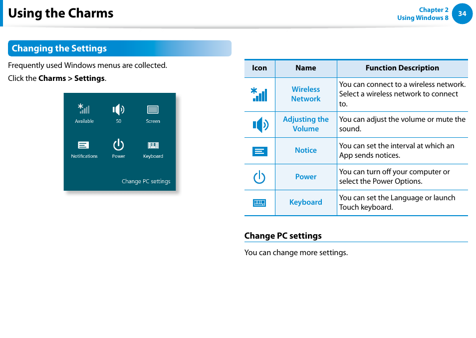 Using the charms | Samsung DP500A2D-K01UB User Manual | Page 35 / 136