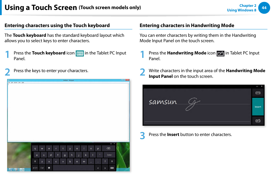 Using a touch screen | Samsung DP500A2D-K01UB User Manual | Page 45 / 136