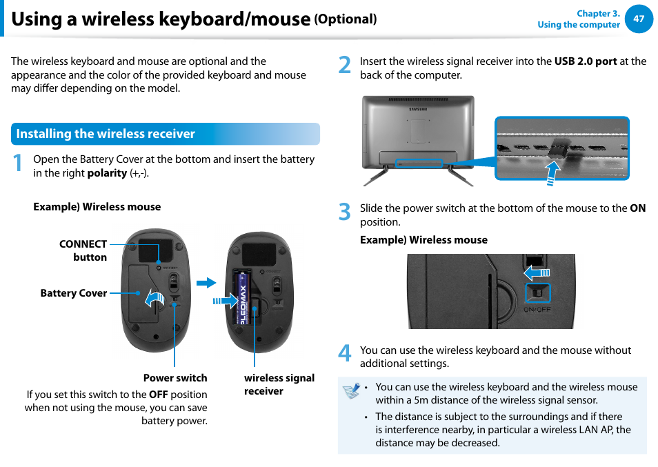 Using a wireless keyboard/mouse (optional), Using a wireless keyboard/mouse | Samsung DP500A2D-K01UB User Manual | Page 48 / 136