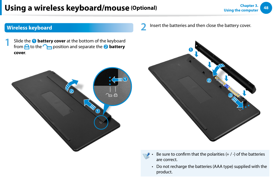 Using a wireless keyboard/mouse | Samsung DP500A2D-K01UB User Manual | Page 49 / 136