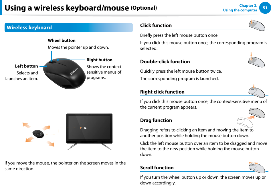 Using a wireless keyboard/mouse, Optional) | Samsung DP500A2D-K01UB User Manual | Page 52 / 136