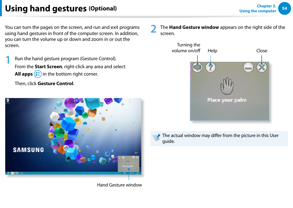 Using hand gestures (optional), Using hand gestures | Samsung DP500A2D-K01UB User Manual | Page 55 / 136