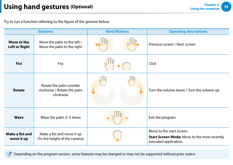 Using hand gestures, Optional) | Samsung DP500A2D-K01UB User Manual | Page 57 / 136