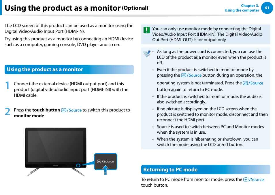 Using the product as a monitor (optional), Using the product as a monitor | Samsung DP500A2D-K01UB User Manual | Page 62 / 136