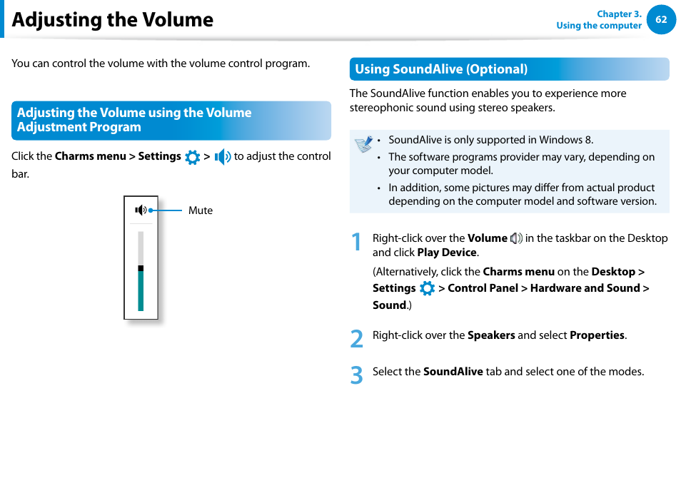 Adjusting the volume | Samsung DP500A2D-K01UB User Manual | Page 63 / 136