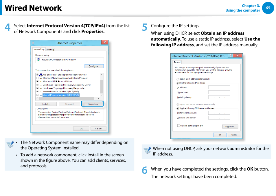 Wired network | Samsung DP500A2D-K01UB User Manual | Page 66 / 136