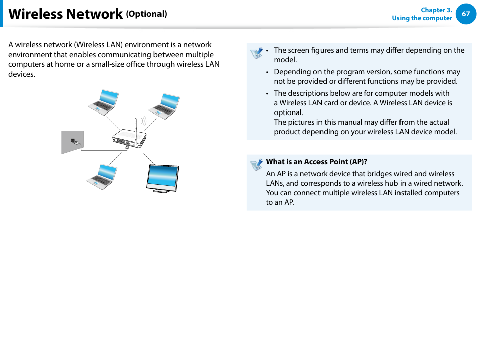 Wireless network (optional), Wireless network | Samsung DP500A2D-K01UB User Manual | Page 68 / 136