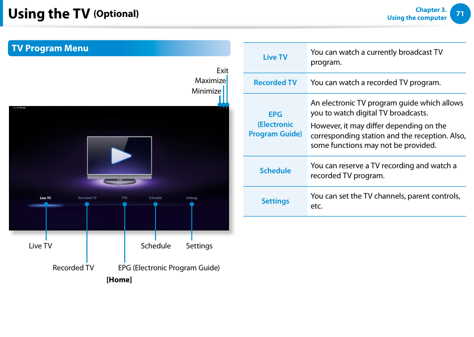 Using the tv, Optional) | Samsung DP500A2D-K01UB User Manual | Page 72 / 136