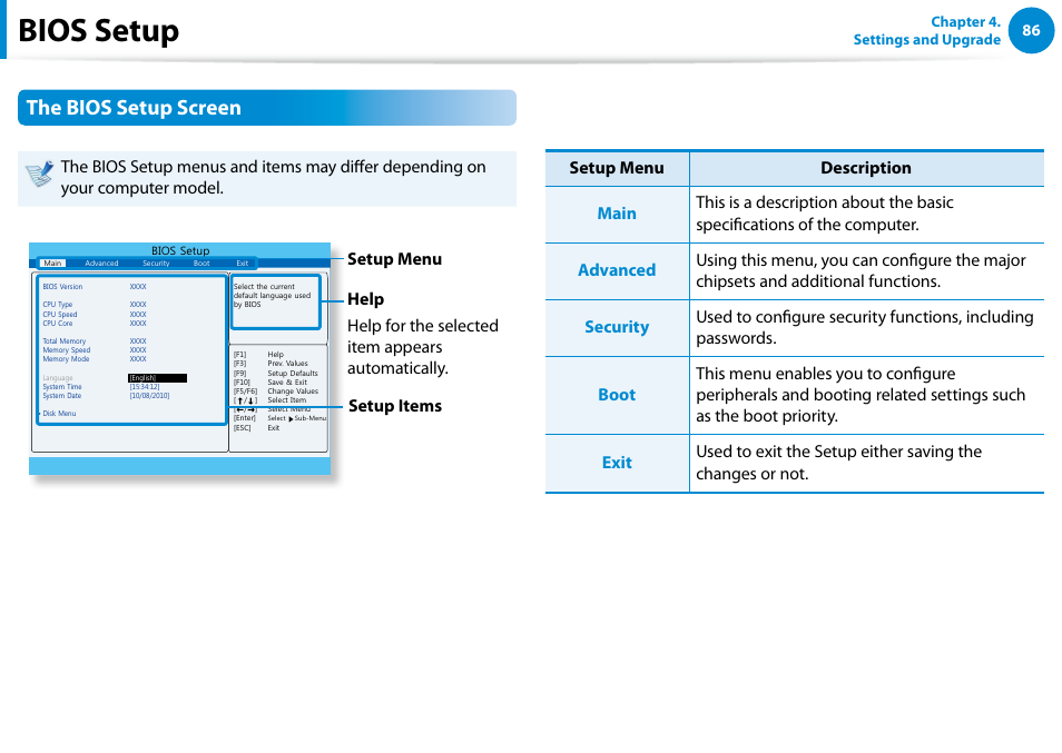 Bios setup, The bios setup screen | Samsung DP500A2D-K01UB User Manual | Page 87 / 136