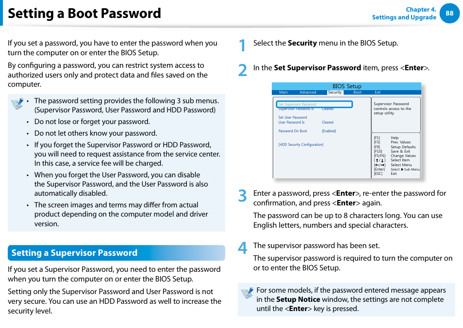 Setting a boot password, Setting a supervisor password | Samsung DP500A2D-K01UB User Manual | Page 89 / 136