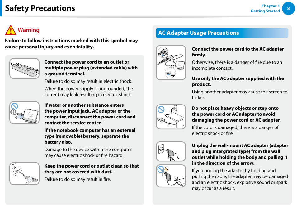 Safety precautions, Ac adapter usage precautions, Warning | Samsung DP500A2D-K01UB User Manual | Page 9 / 136