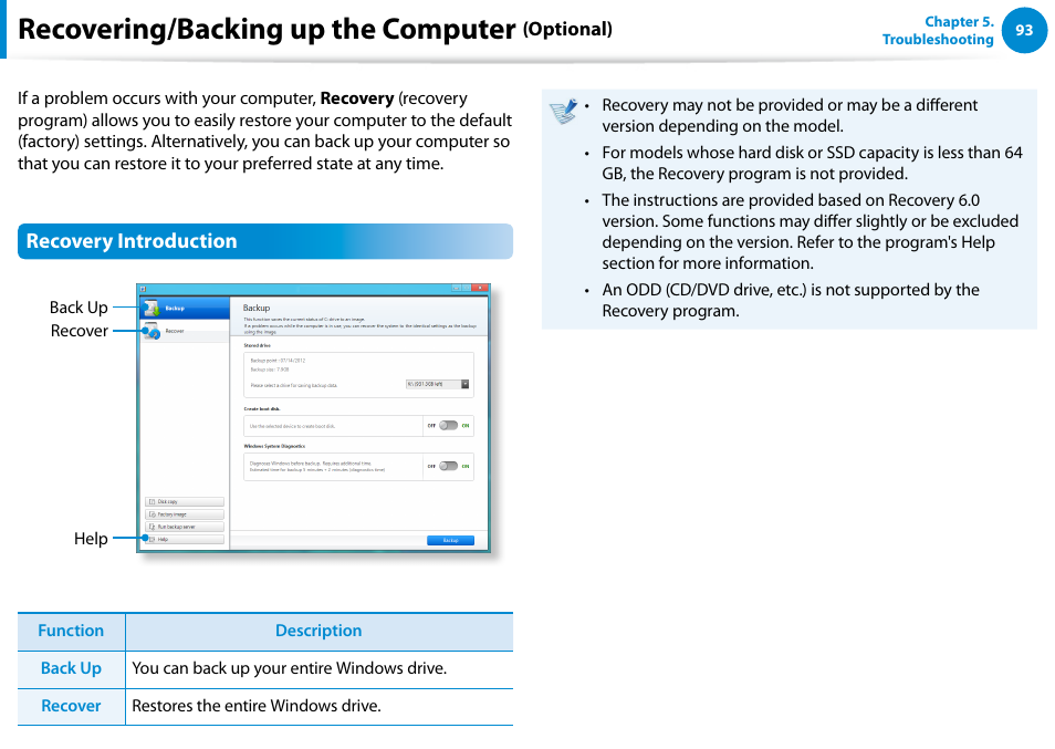 Recovering/backing up the computer (optional), Recovering/backing up the computer (optional) 93, Recovering/backing up the computer | Samsung DP500A2D-K01UB User Manual | Page 94 / 136