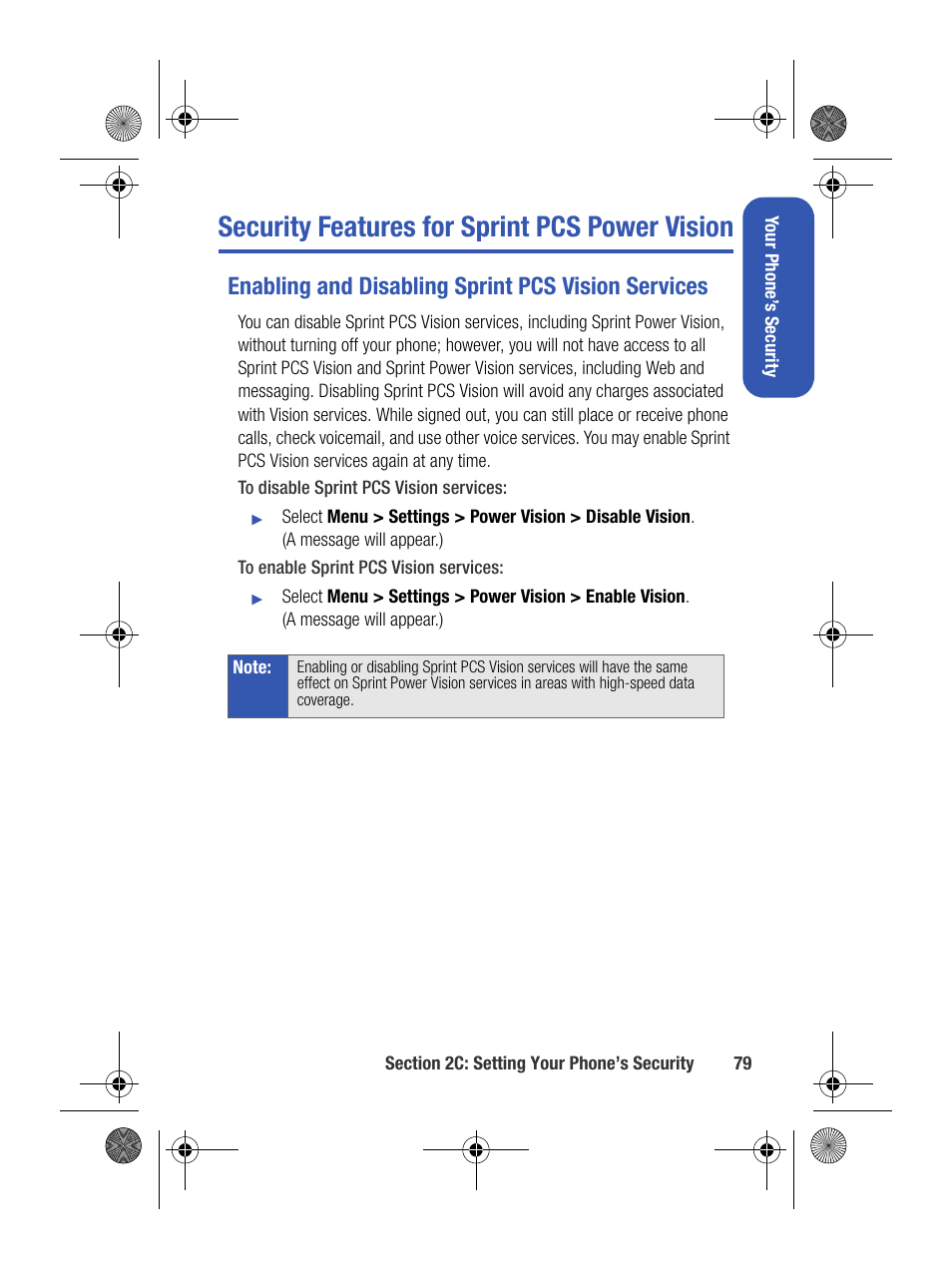 Security features for sprint pcs power vision, Enabling and disabling sprint pcs vision services | Samsung SPH-M500BKMEID User Manual | Page 103 / 258