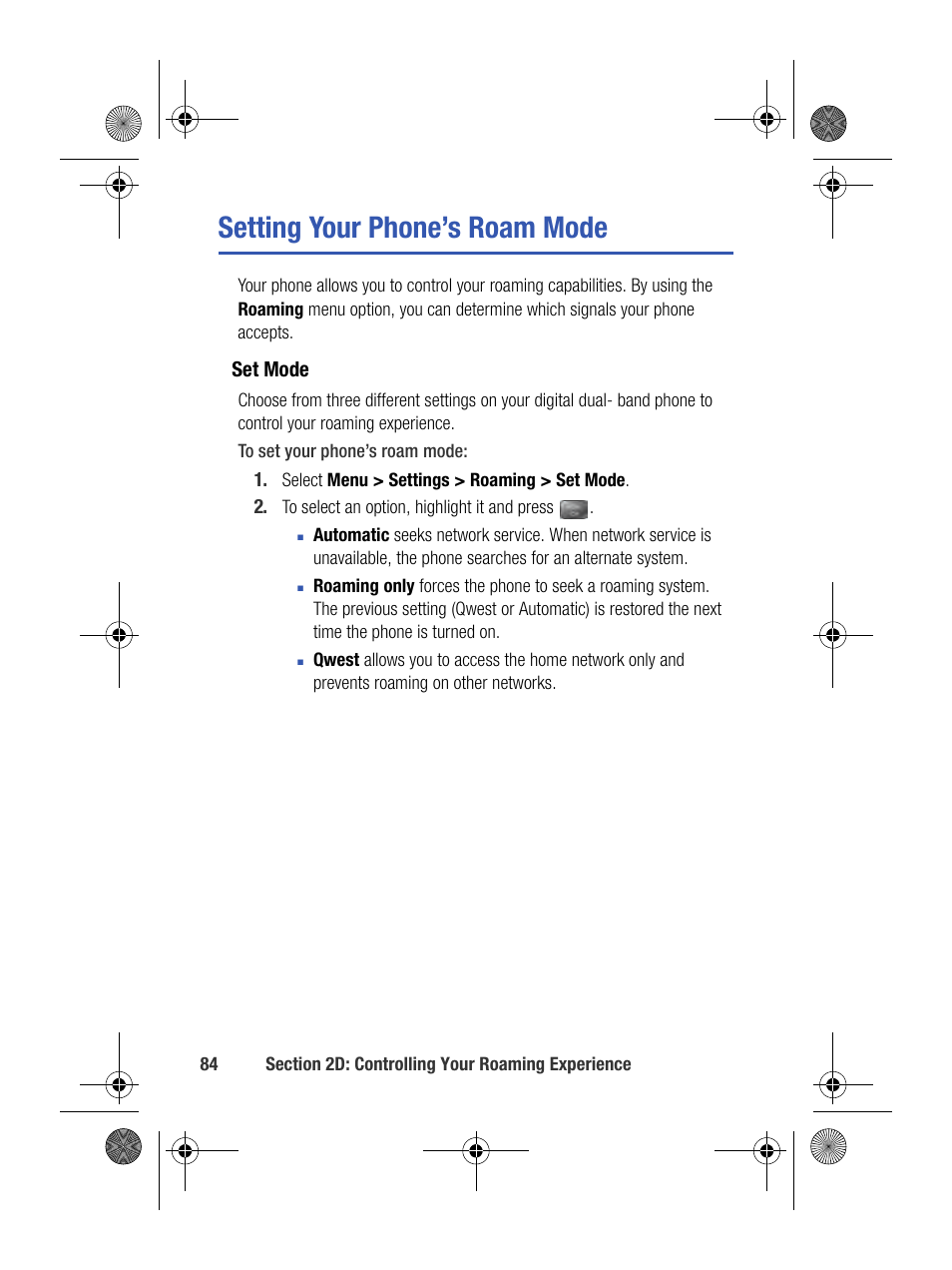 Setting your phone’s roam mode | Samsung SPH-M500BKMEID User Manual | Page 108 / 258