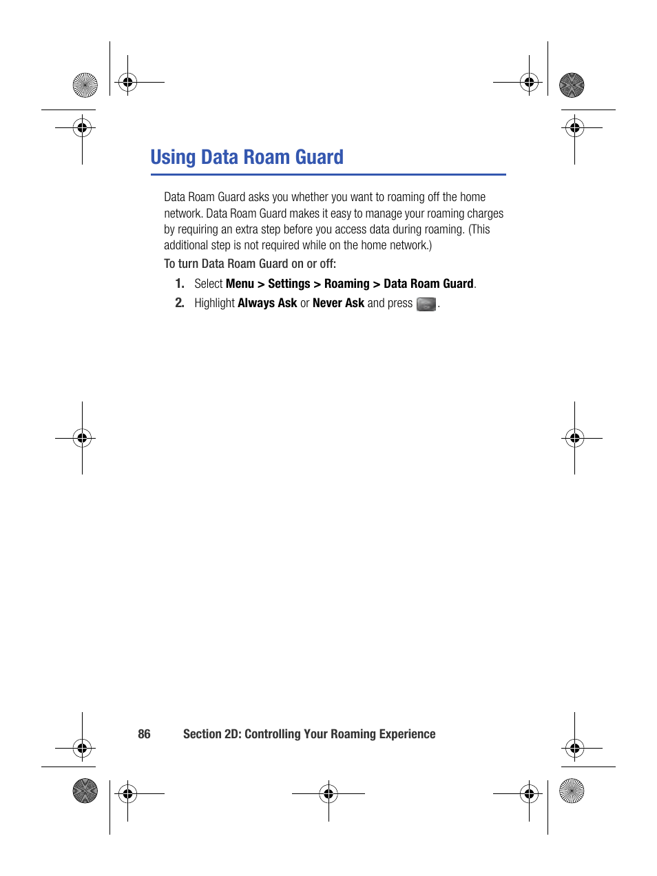 Using data roam guard | Samsung SPH-M500BKMEID User Manual | Page 110 / 258