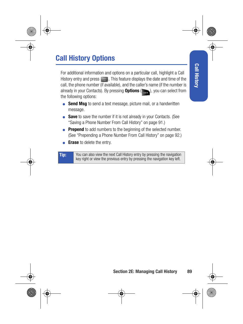 Call history options | Samsung SPH-M500BKMEID User Manual | Page 113 / 258